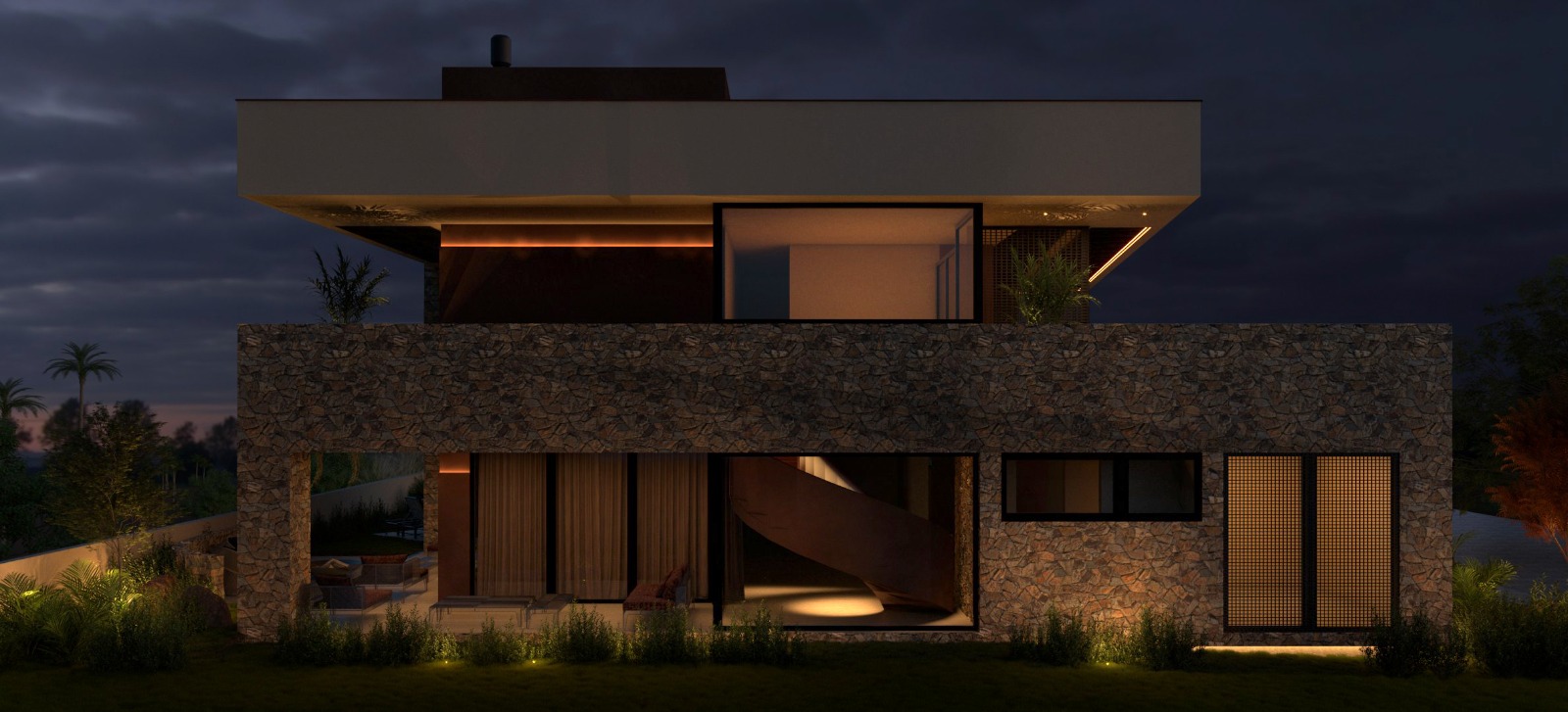 Fachada noturna da TERRAE com pedra, madeira e iluminação cênica